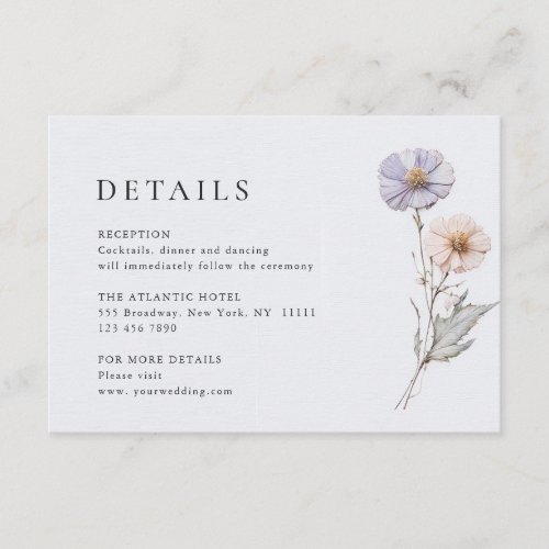 Elegant Watercolor Wild Flowers Wedding Details Enclosure Card