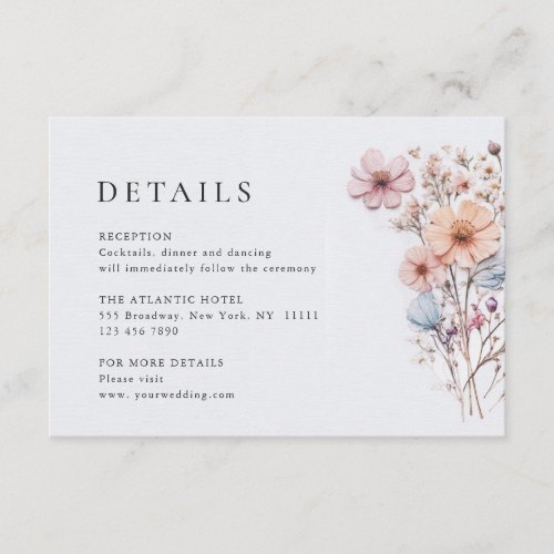 Elegant Watercolor Wild Flowers Wedding Details Enclosure Card