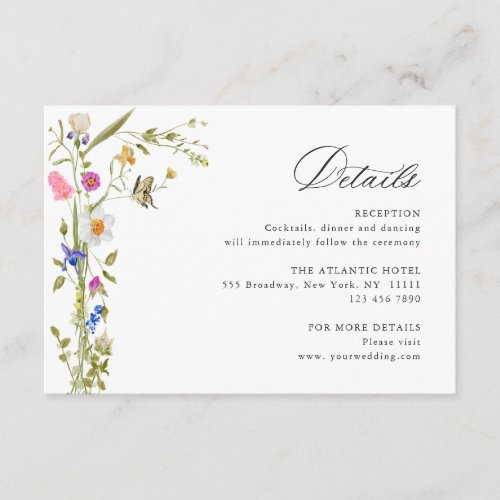 Elegant Watercolor Wild Flowers Wedding Details Enclosure Card