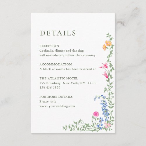 Elegant Watercolor Wild Flowers Wedding Details Enclosure Card