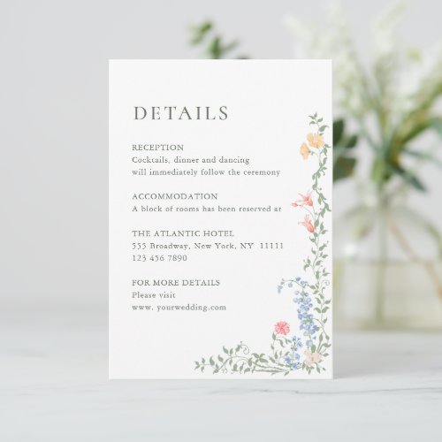 Elegant Watercolor Wild Flowers Wedding Details Enclosure Card