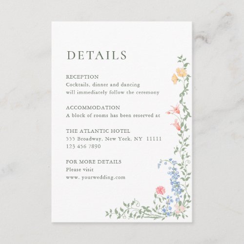 Elegant Watercolor Wild Flowers Wedding Details Enclosure Card