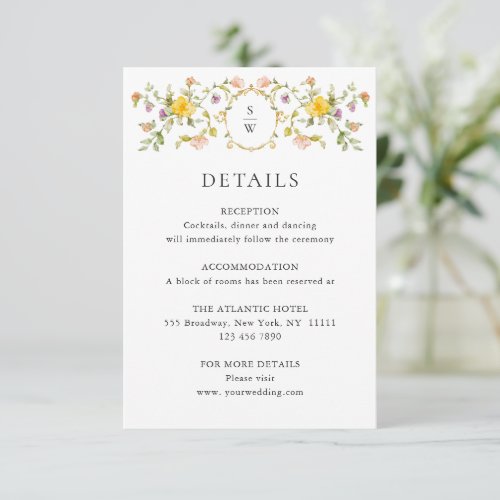 Elegant Watercolor Wild Flowers Wedding Details Enclosure Card