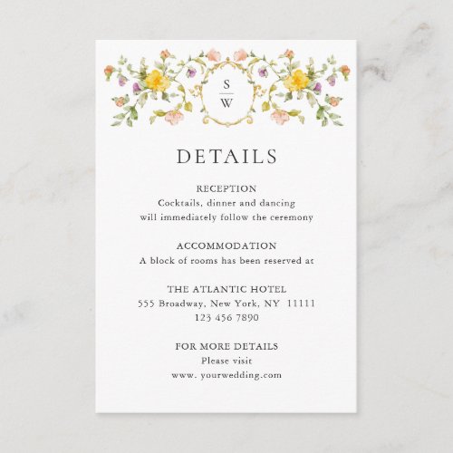 Elegant Watercolor Wild Flowers Wedding Details Enclosure Card