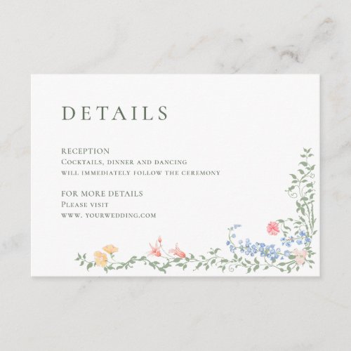 Elegant Watercolor Wild Flowers Wedding Details Enclosure Card