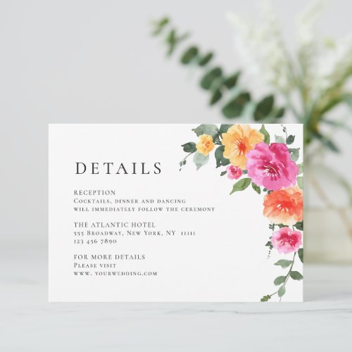 Elegant Watercolor Wild Flowers Wedding Details Enclosure Card