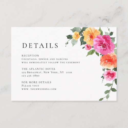 Elegant Watercolor Wild Flowers Wedding Details Enclosure Card