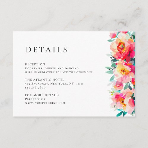 Elegant Watercolor Wild Flowers Wedding Details Enclosure Card