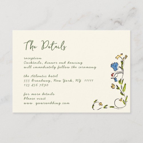 Elegant Watercolor Wild Flowers Wedding Details Enclosure Card