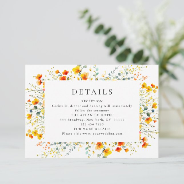 Elegant Watercolor Wild Flowers Wedding Details Enclosure Card (Standing Front)