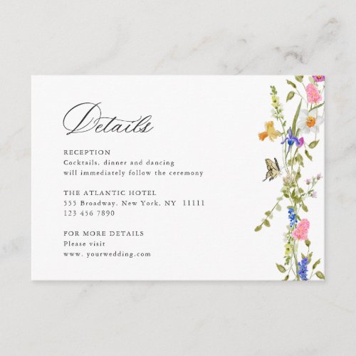 Elegant Watercolor Wild Flowers Wedding Details Enclosure Card