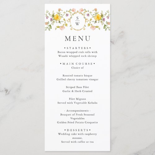 Elegant Watercolor Wild Flowers Wedding Dinner Menu