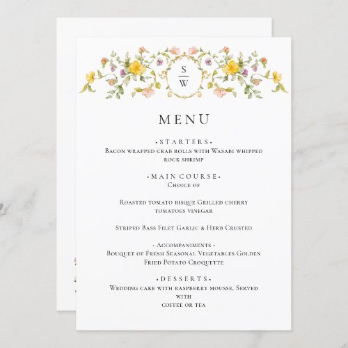 Elegant Watercolor Wild Flowers Wedding Dinner Menu