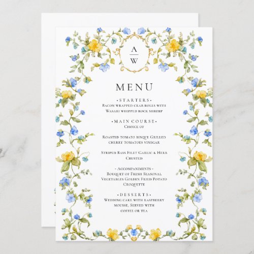 Elegant Watercolor Wild Flowers Wedding Dinner Menu