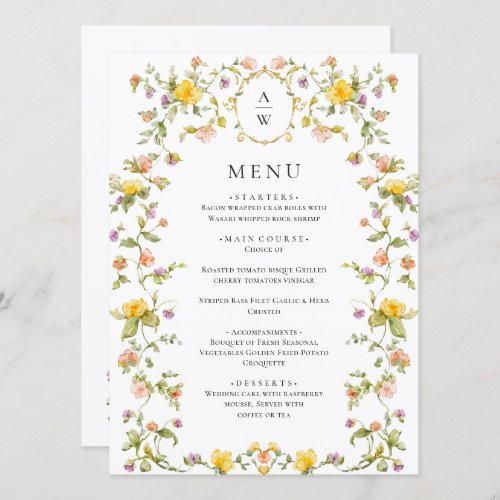 Elegant Watercolor Wild Flowers Wedding Dinner Menu