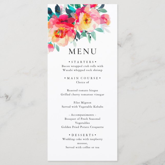 Elegant Watercolor Wild Flowers Wedding Dinner Menu (Front)