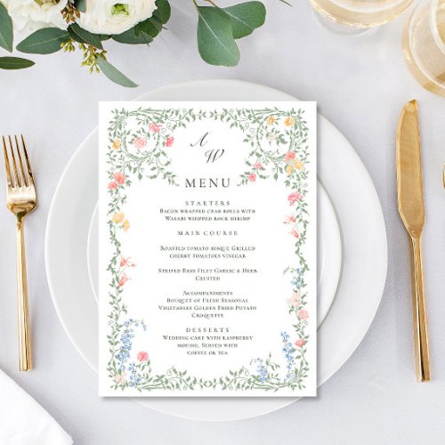 Elegant Watercolor Wild Flowers Wedding Dinner Menu