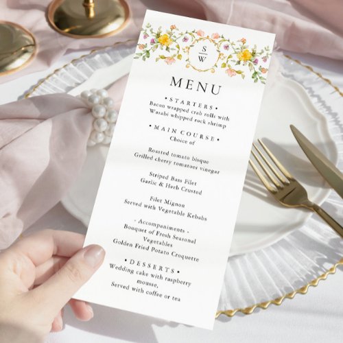 Elegant Watercolor Wild Flowers Wedding Dinner Menu