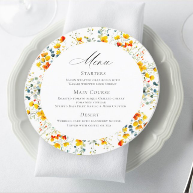 Elegant Watercolor Wild Flowers Wedding Dinner Menu (Creator Uploaded)
