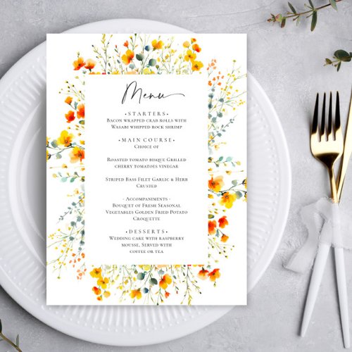 Elegant Watercolor Wild Flowers Wedding Dinner Menu