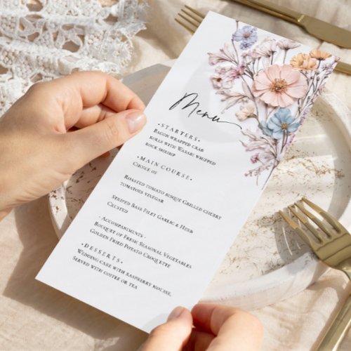 Elegant Watercolor Wild Flowers Wedding Dinner Menu