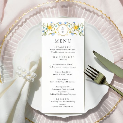 Elegant Watercolor Wild Flowers Wedding Dinner Menu