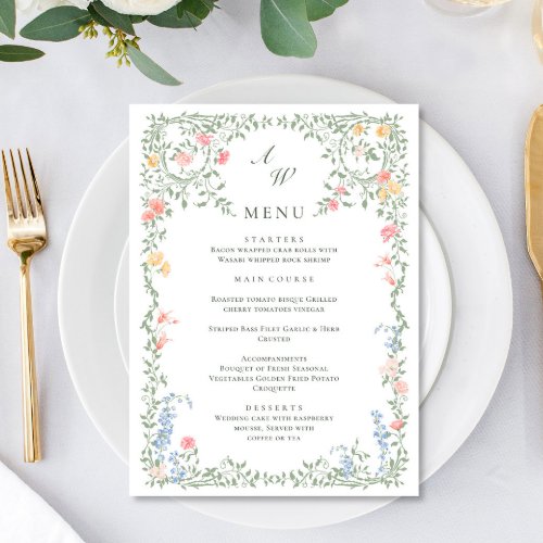 Elegant Watercolor Wild Flowers Wedding Dinner Menu