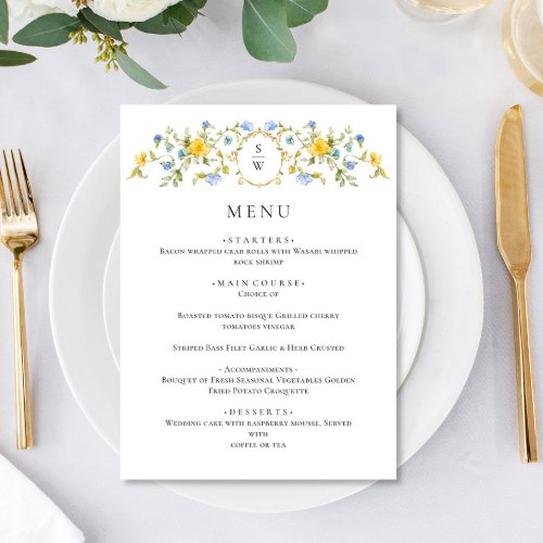 Elegant Watercolor Wild Flowers Wedding Dinner Menu