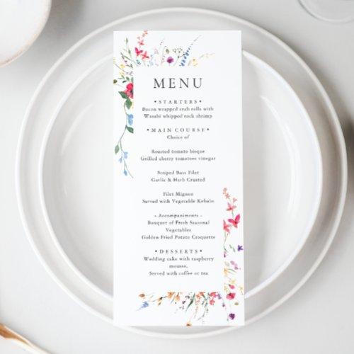 Elegant Watercolor Wild Flowers Wedding Dinner Menu