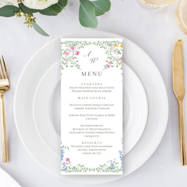 Elegant Watercolor Wild Flowers Wedding Dinner Menu (Creator Uploaded)
