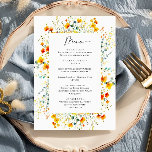 Elegant Watercolor Wild Flowers Wedding Dinner Menu