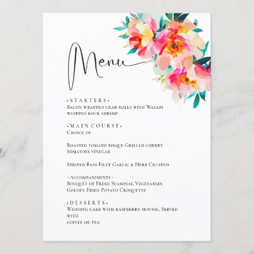 Elegant Watercolor Wild Flowers Wedding Dinner Menu