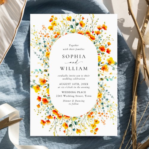 Elegant Watercolor Wild Flowers Wedding Invitation