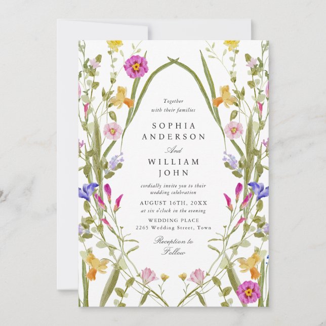 Elegant Watercolor Wild Flowers Wedding Invitation (Front)