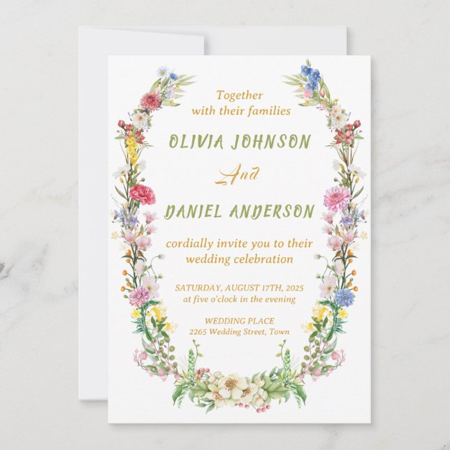 Elegant Watercolor Wild Flowers Wedding Invitation (Front)