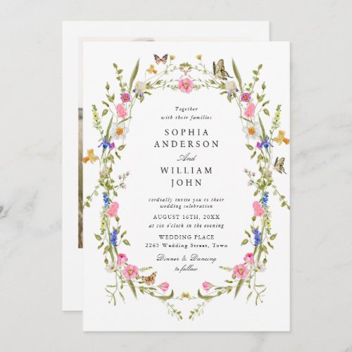 Elegant Watercolor Wild Flowers Wedding Photo Invitation