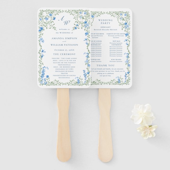 Elegant Watercolor Wild Flowers Wedding Program Hand Fan (Front and Back)