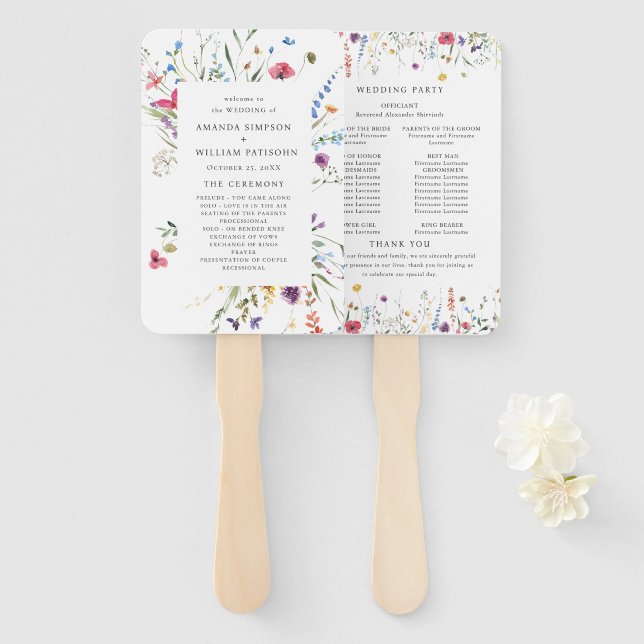 Elegant Watercolor Wild Flowers Wedding Program Hand Fan (Front and Back)