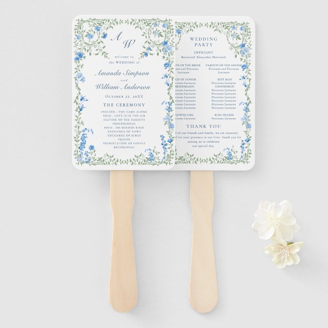 Elegant Watercolor Wild Flowers Wedding Program Hand Fan (Front and Back)