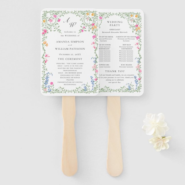 Elegant Watercolor Wild Flowers Wedding Program Hand Fan (Front and Back)