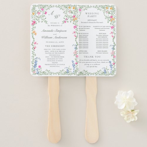 Elegant Watercolor Wild Flowers Wedding Program Hand Fan