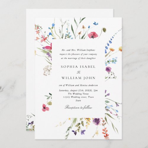 Elegant Watercolor Wild Flowers Wedding QR code Invitation