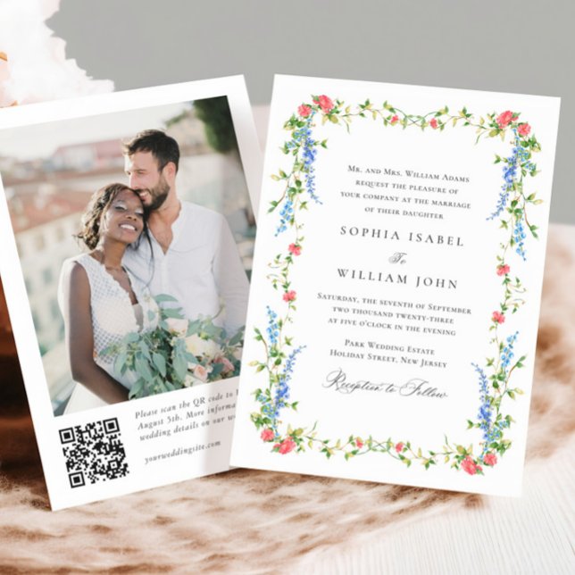 Elegant Watercolor Wild Flowers Wedding QR code Invitation (Creator Uploaded)
