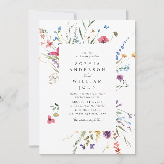 Elegant Watercolor Wild Flowers Wedding QR code Invitation (Front)