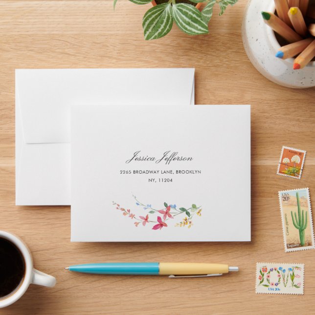 Elegant Watercolor Wild Flowers Wedding RSVP Envelope (Desk)
