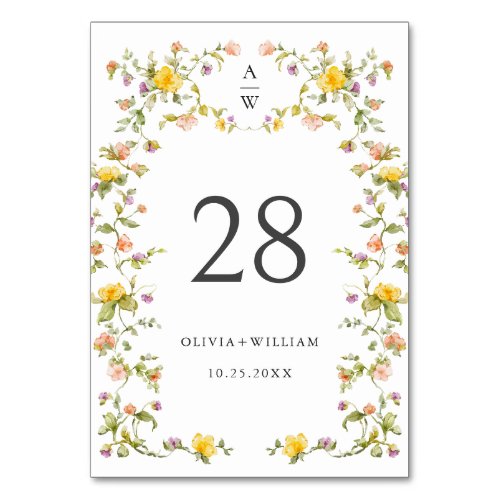 Elegant Watercolor Wild Flowers Wedding Table Number