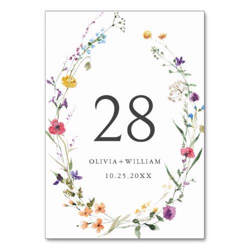 Elegant Watercolor Wild Flowers Wedding Table Number