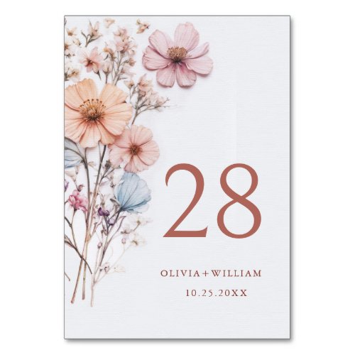 Elegant Watercolor Wild Flowers Wedding Table Number