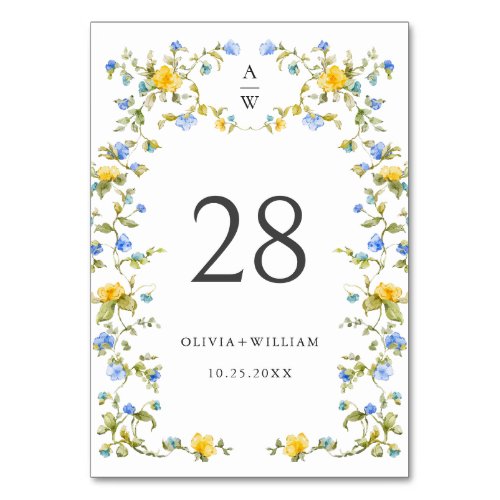 Elegant Watercolor Wild Flowers Wedding Table Number