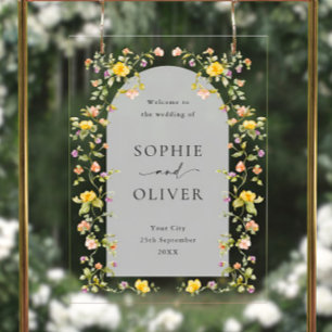 Elegant Watercolor Wild Flowers WELCOME Wedding Acrylic Sign